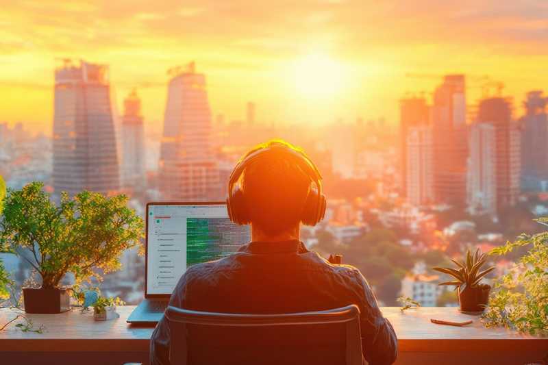 Mann mit Laptop und Skyline