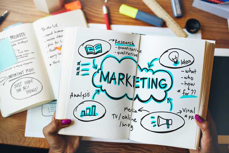 Notizbuch mit Marketingplanung darin