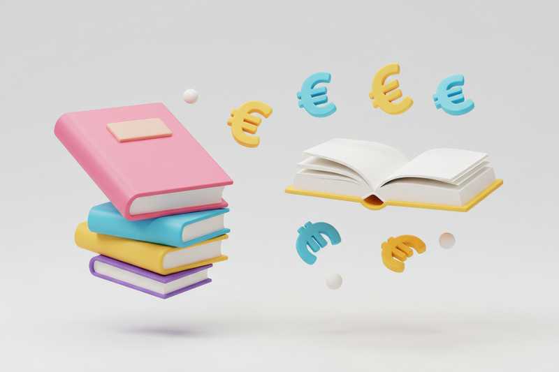 Stapel bunter Bücher und ein offenes Buch mit Euro-Symbolen, die auf einem weißen Hintergrund schweben